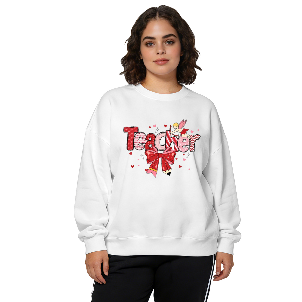 Sweet Valentine Teacher Cupid Bow Graphic Crewneck Sweatshirt
