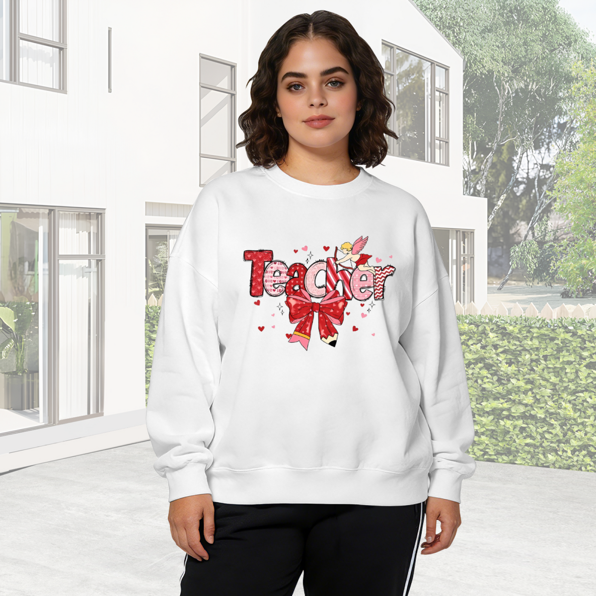 Sweet Valentine Teacher Cupid Bow Graphic Crewneck Sweatshirt
