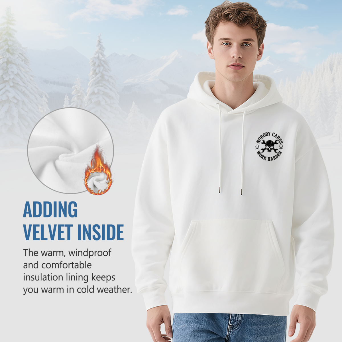 Nobody Cares Work Harder Skull Graphic White Hoodie