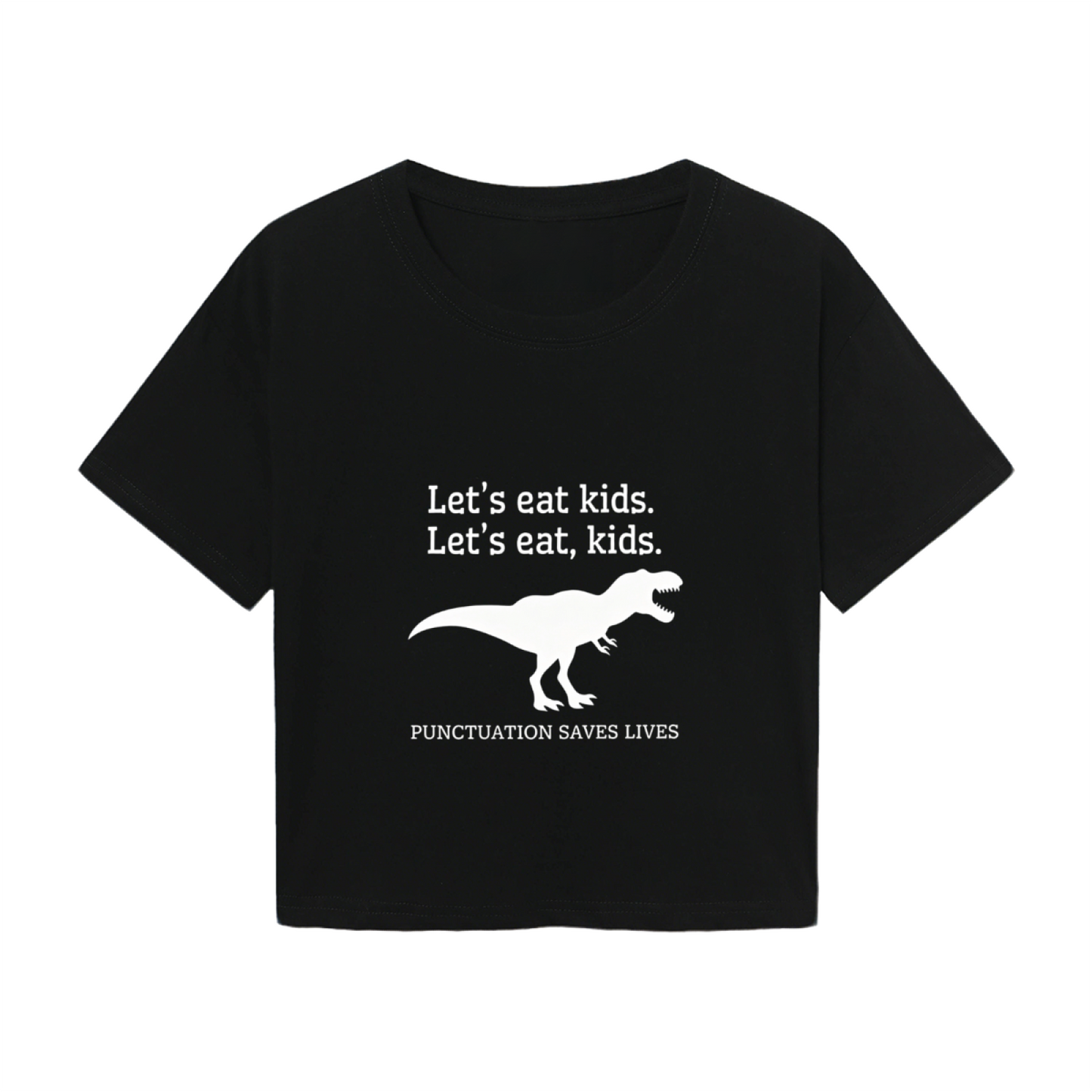 Punctuation Saves Lives Funny Dinosaur Black Crop Tee ¨C Humor Grammar Lover Cropped Top