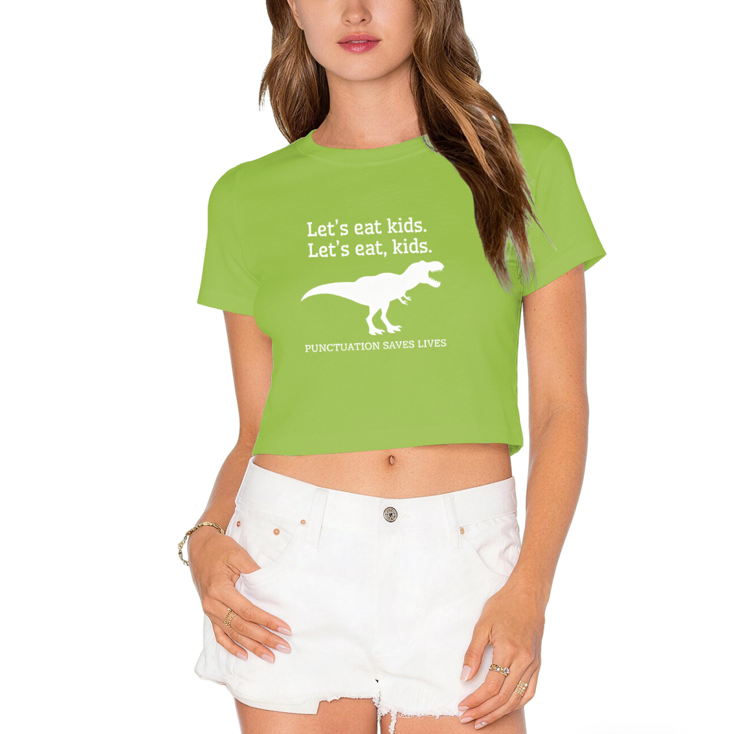 Punctuation Saves Lives Funny Dinosaur Black Crop Tee ¨C Humor Grammar Lover Cropped Top