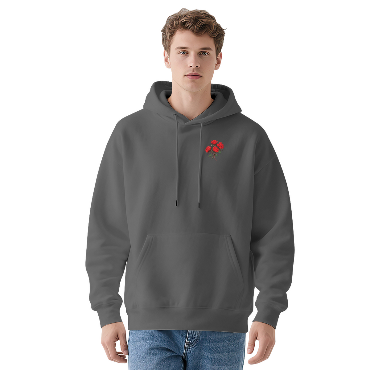 Tiny Red Rose Pocket Print Minimal Hoodie, Soft Everyday Comfort Wear
