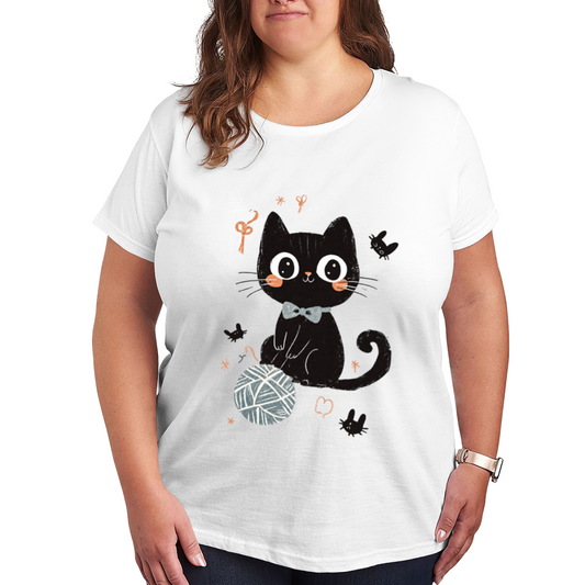Cute Black Kitten & Yarn Ball Cartoon Graphic Shirt