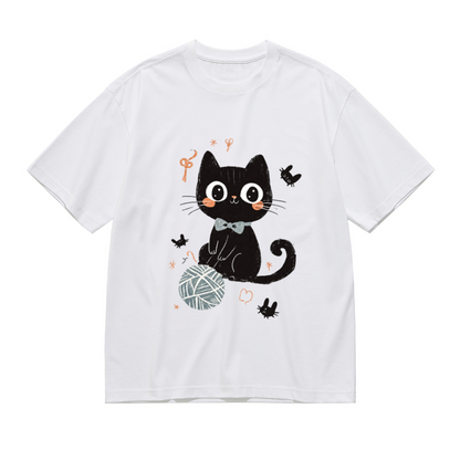 Cute Black Kitten & Yarn Ball Cartoon Graphic Shirt