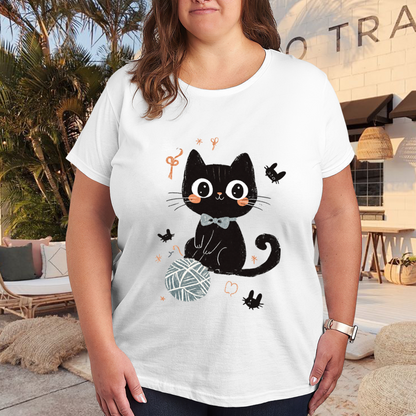 Cute Black Kitten & Yarn Ball Cartoon Graphic Shirt