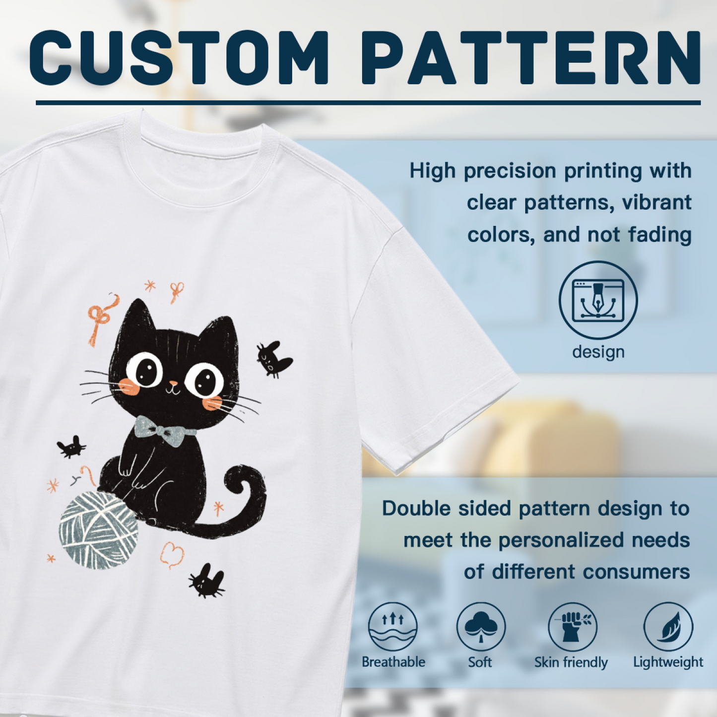 Cute Black Kitten & Yarn Ball Cartoon Graphic Shirt