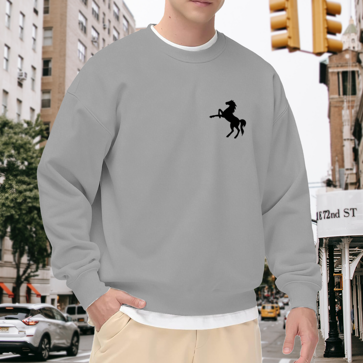 Small Prancing Horse Minimal Chest Print Crewneck Sweatshirt