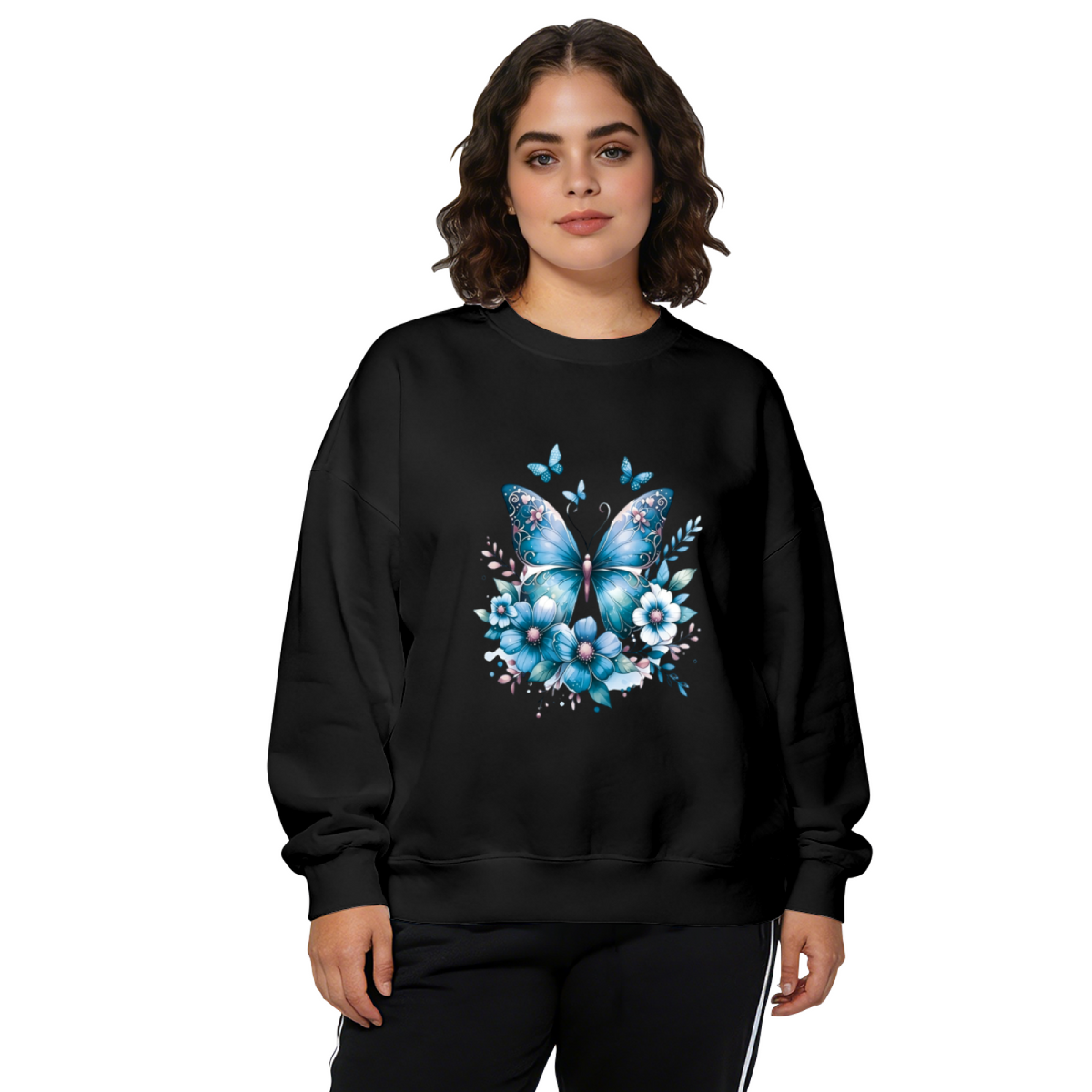 Dreamy Blue Floral Butterfly White Crewneck Sweatshirt