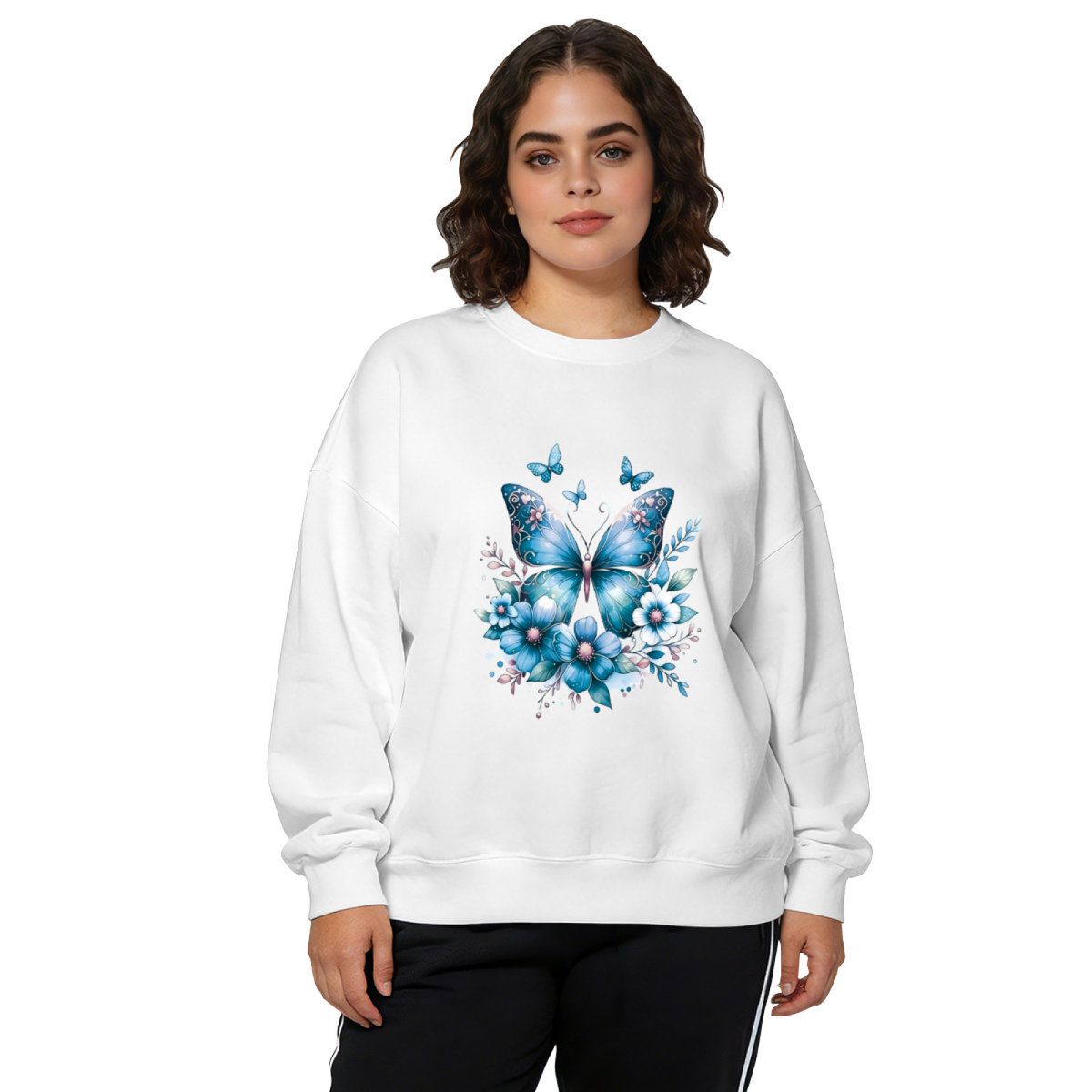 Dreamy Blue Floral Butterfly White Crewneck Sweatshirt
