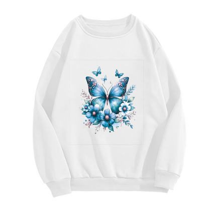 Dreamy Blue Floral Butterfly White Crewneck Sweatshirt