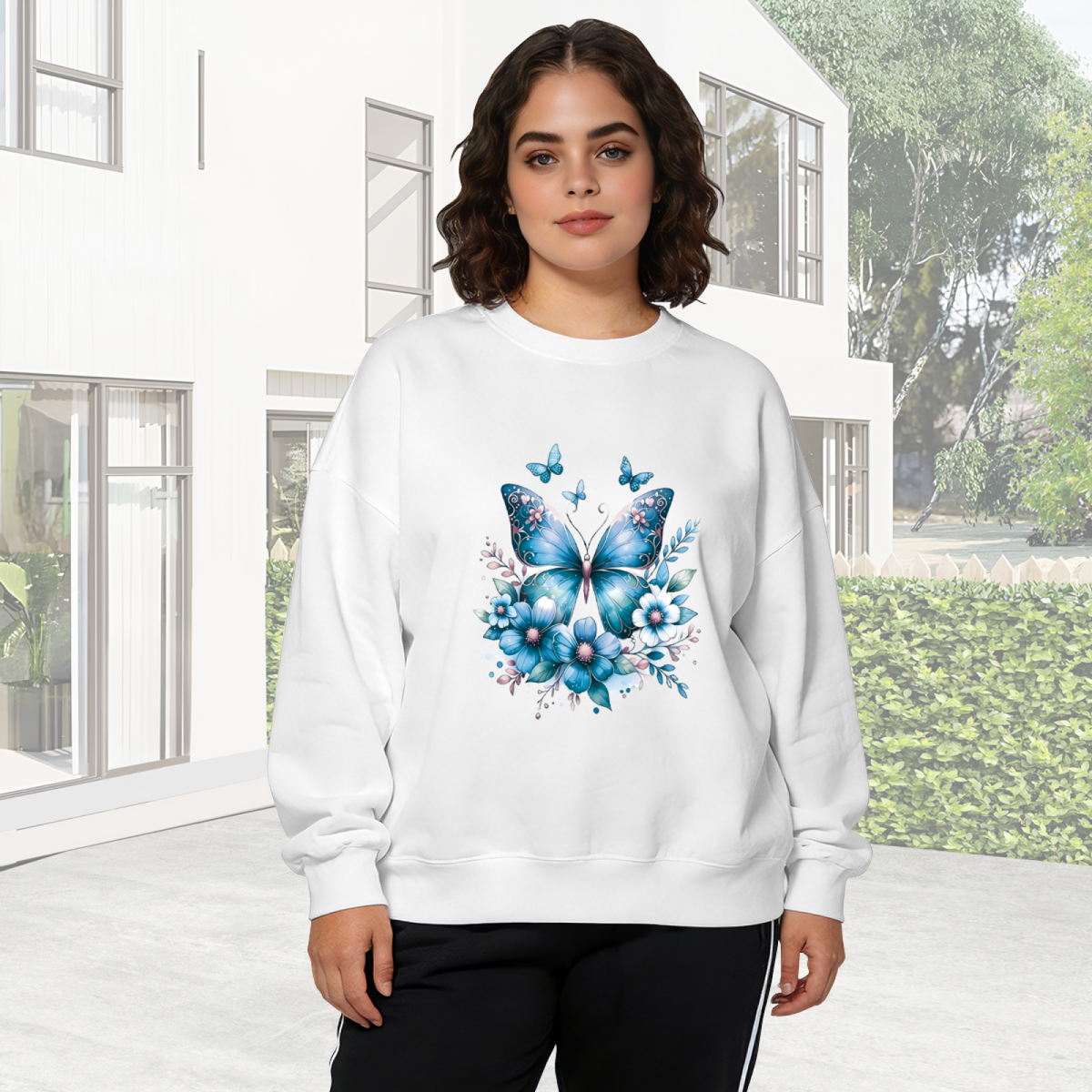 Dreamy Blue Floral Butterfly White Crewneck Sweatshirt