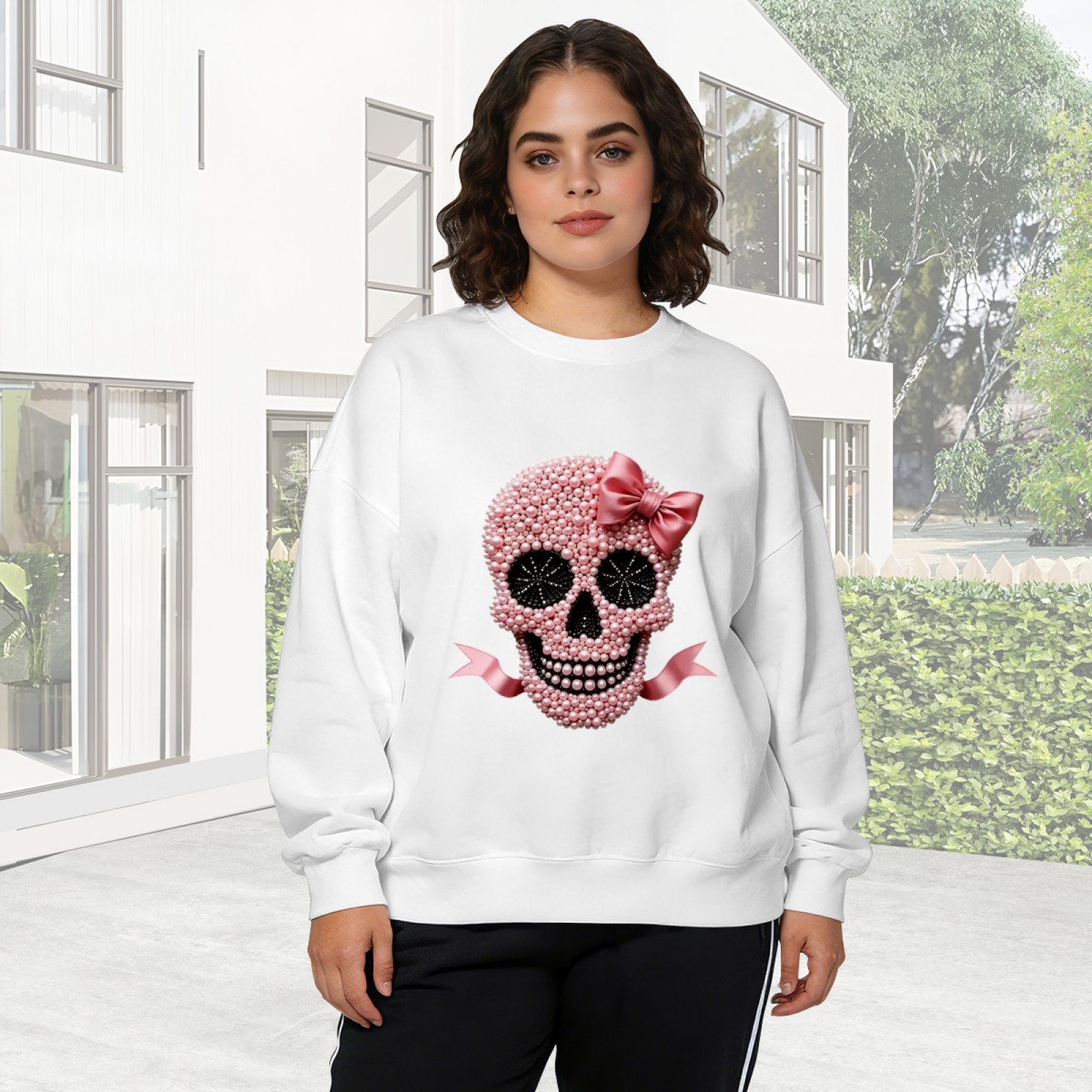 Cute Pearl Skull With Pink Bow Unique Crewneck Sweatshirt