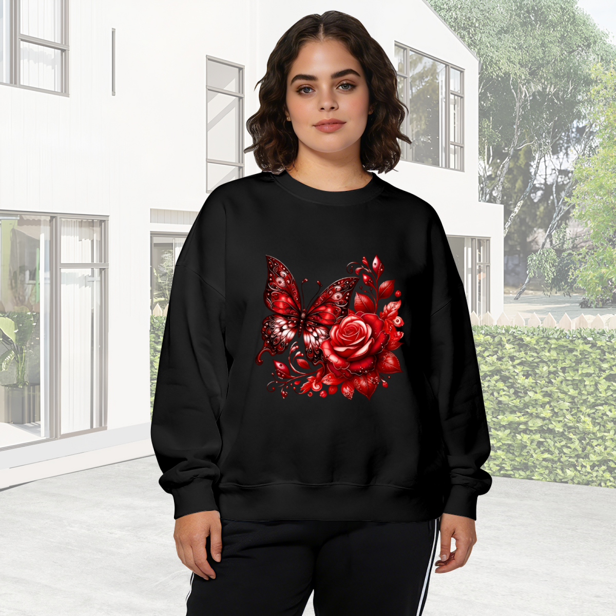 Bold Red Butterfly And Crimson Rose Dark Crewneck Sweatshirt