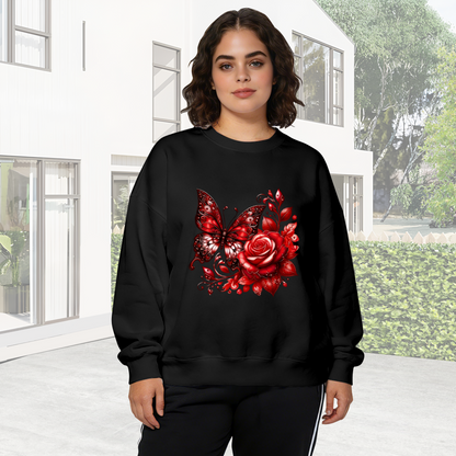 Bold Red Butterfly And Crimson Rose Dark Crewneck Sweatshirt