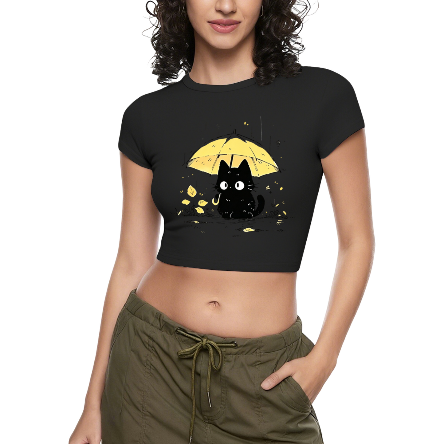 Rainy Black Cat With Yellow Umbrella Cottagecore Crop T-Shirt