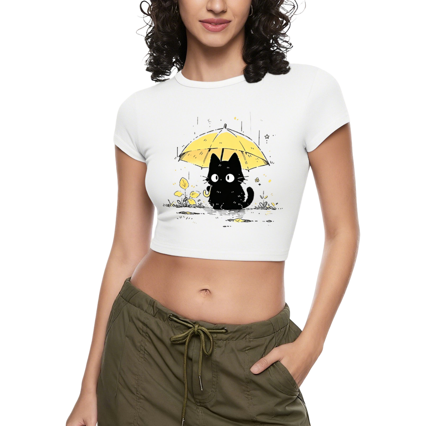 Rainy Black Cat With Yellow Umbrella Cottagecore Crop T-Shirt