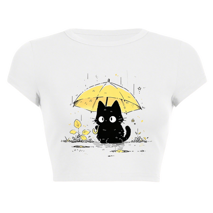 Rainy Black Cat With Yellow Umbrella Cottagecore Crop T-Shirt