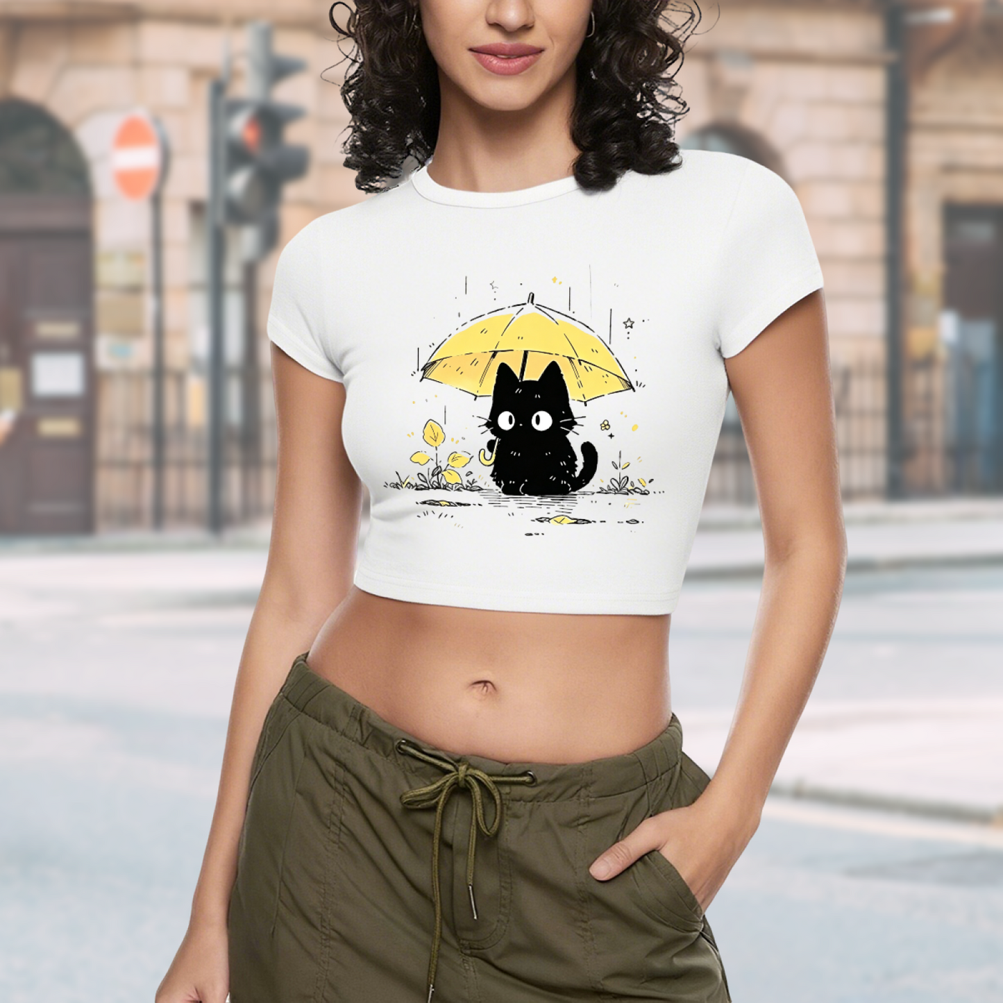 Rainy Black Cat With Yellow Umbrella Cottagecore Crop T-Shirt