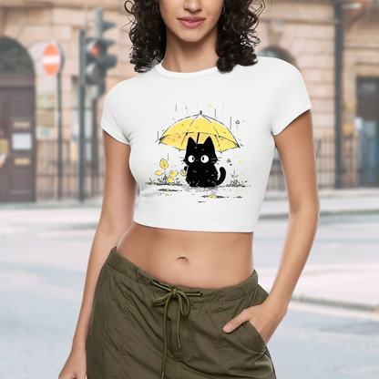 Rainy Black Cat With Yellow Umbrella Cottagecore Crop T-Shirt