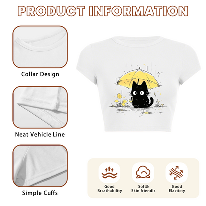 Rainy Black Cat With Yellow Umbrella Cottagecore Crop T-Shirt