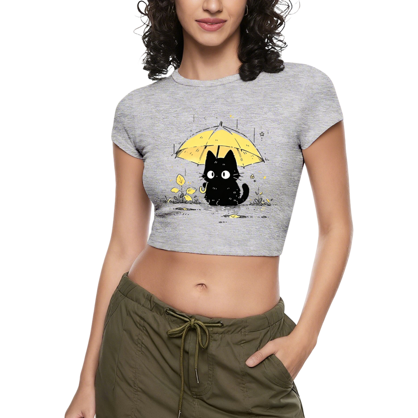 Rainy Black Cat With Yellow Umbrella Cottagecore Crop T-Shirt