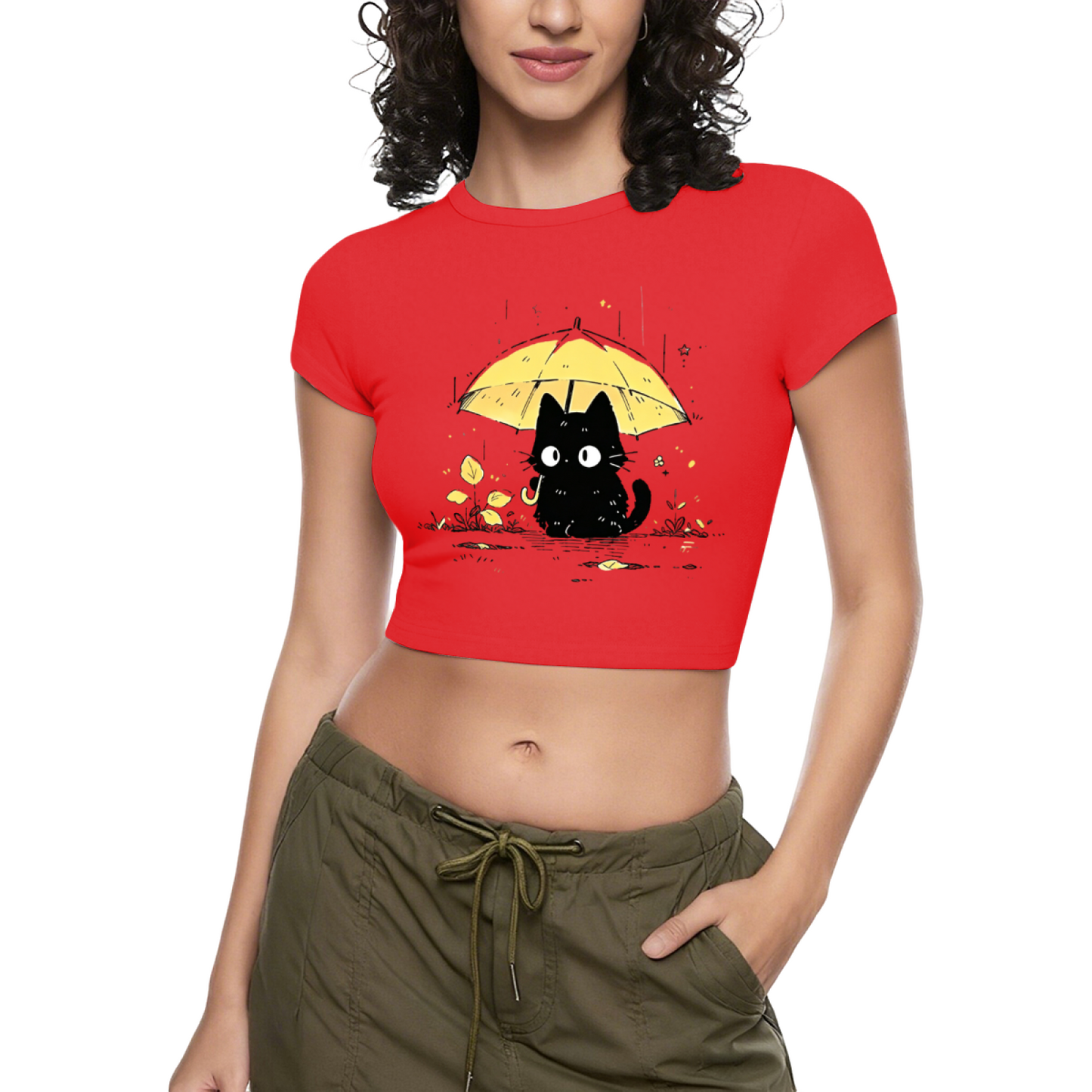 Rainy Black Cat With Yellow Umbrella Cottagecore Crop T-Shirt