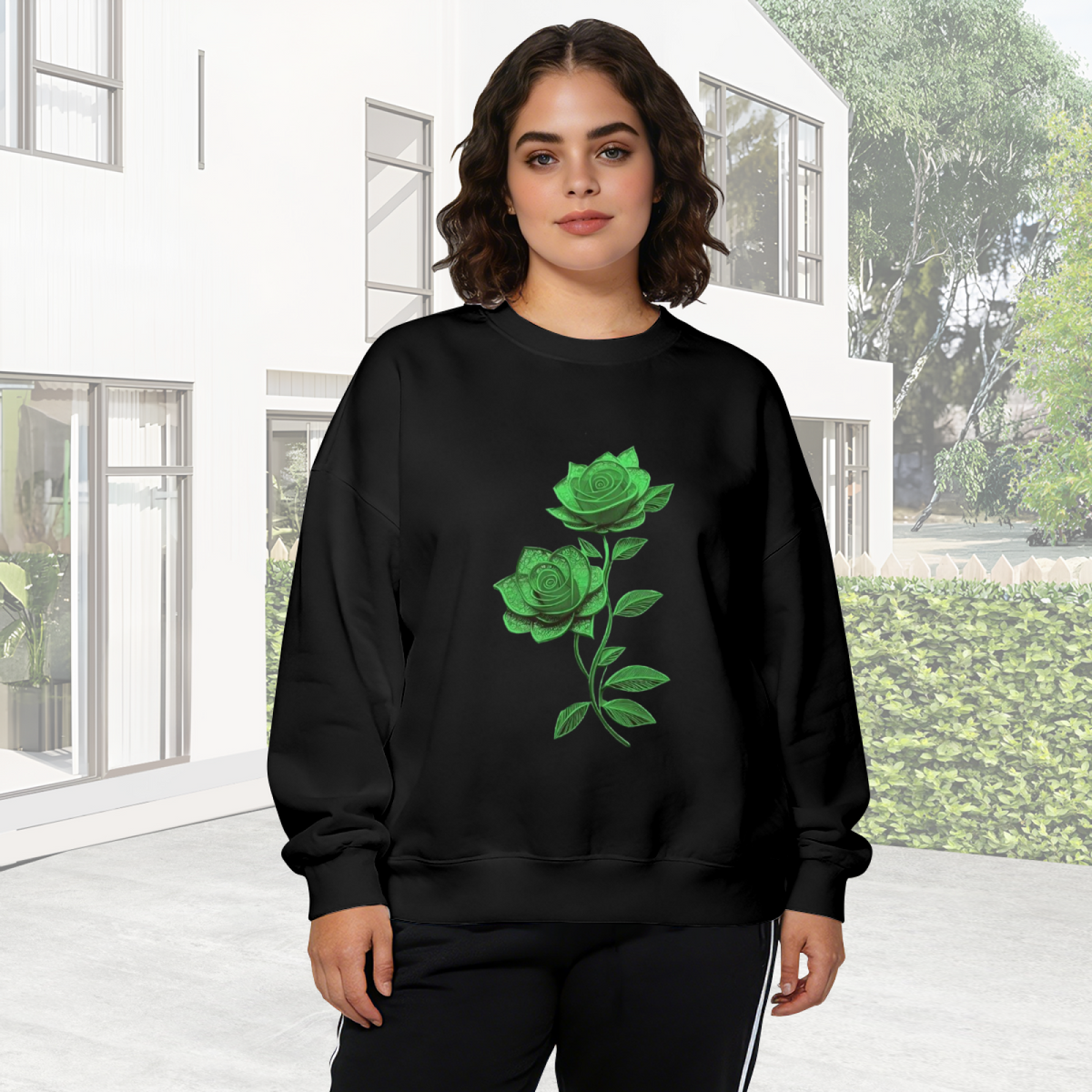 Glowing Green Rose Duo Art Crewneck Sweatshirt