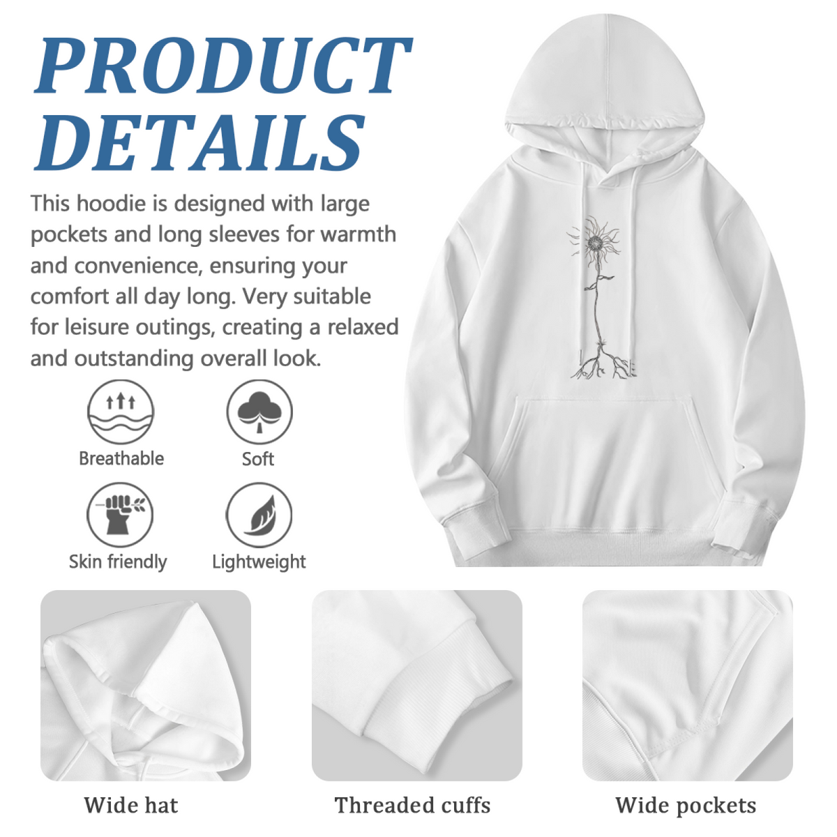 Neuron Flower Sketch White Hoodie, Unisex Light Comfort Hooded Sweatshirt