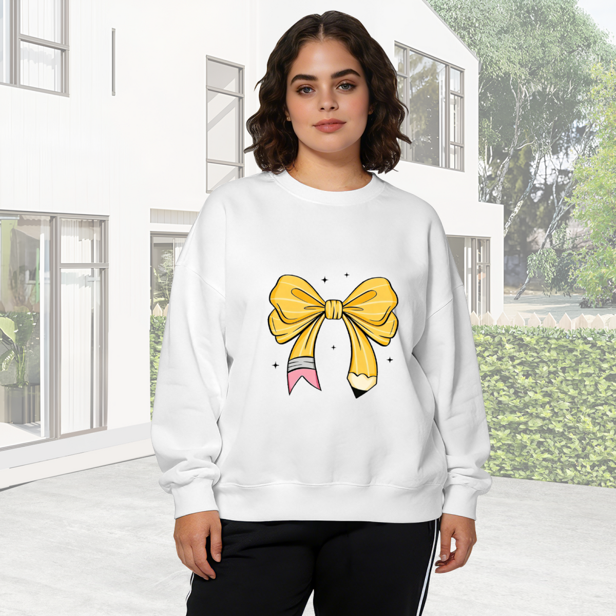 Whimsical Pencil Bow With Sparkle Accents Crewneck Sweatshirt