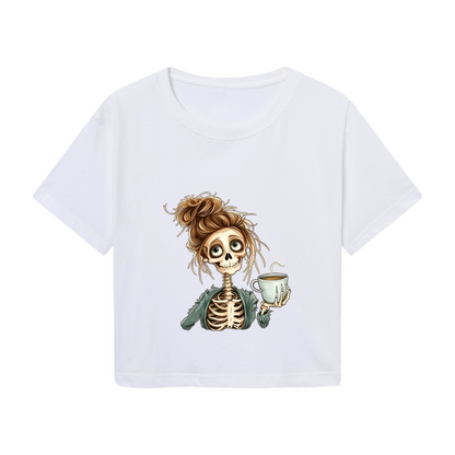 Messy Bun Caffeine Skeleton Spooky Cute White Crop Top