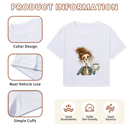 Messy Bun Caffeine Skeleton Spooky Cute White Crop Top