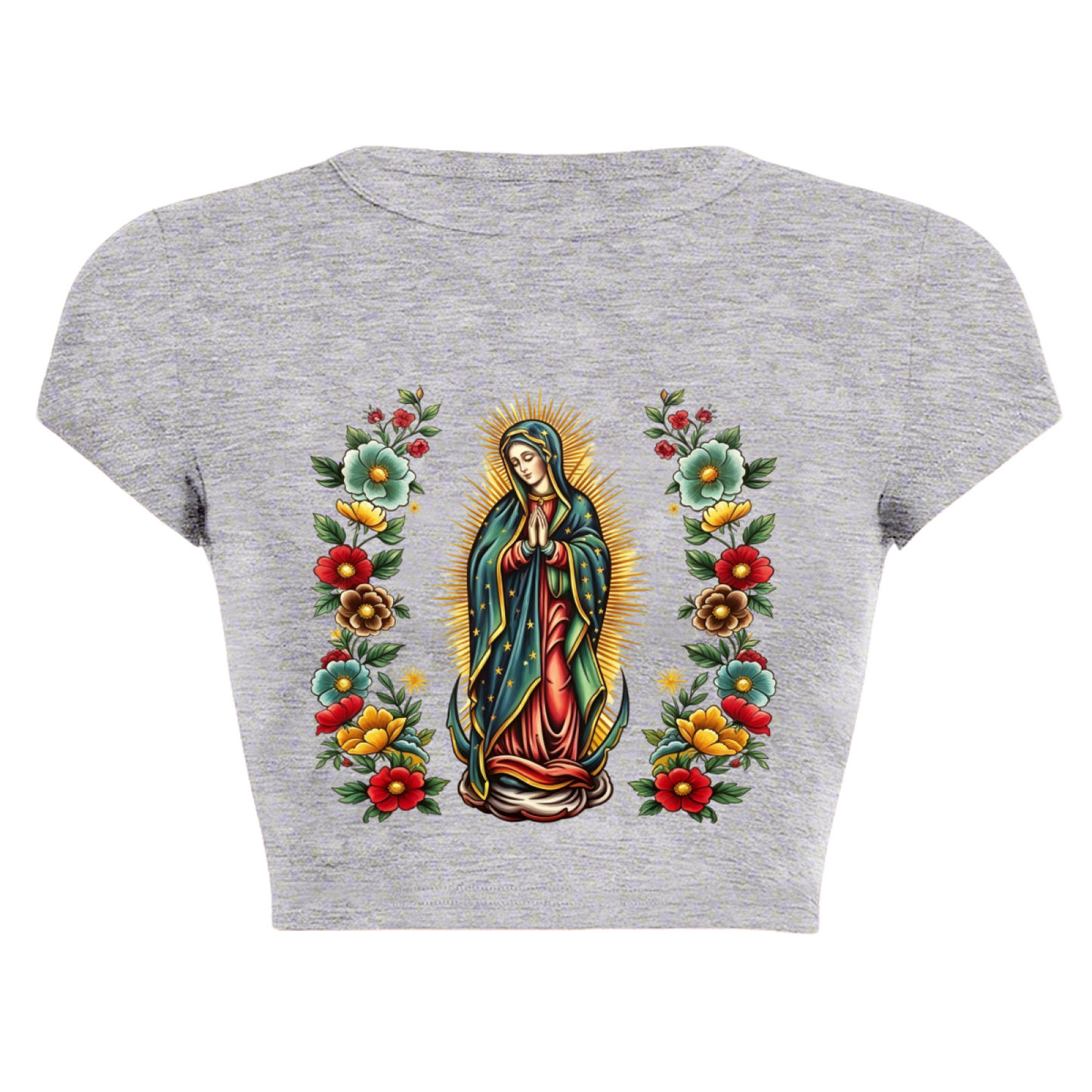 Floral Guadalupe Virgin Mary Vintage Grey Crop Tee ¨C Religious Retro Graphic Top