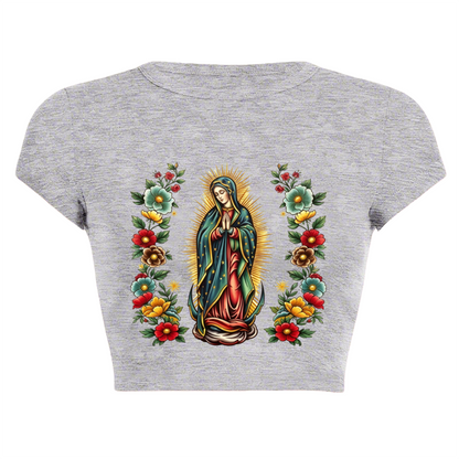 Floral Guadalupe Virgin Mary Vintage Grey Crop Tee ¨C Religious Retro Graphic Top
