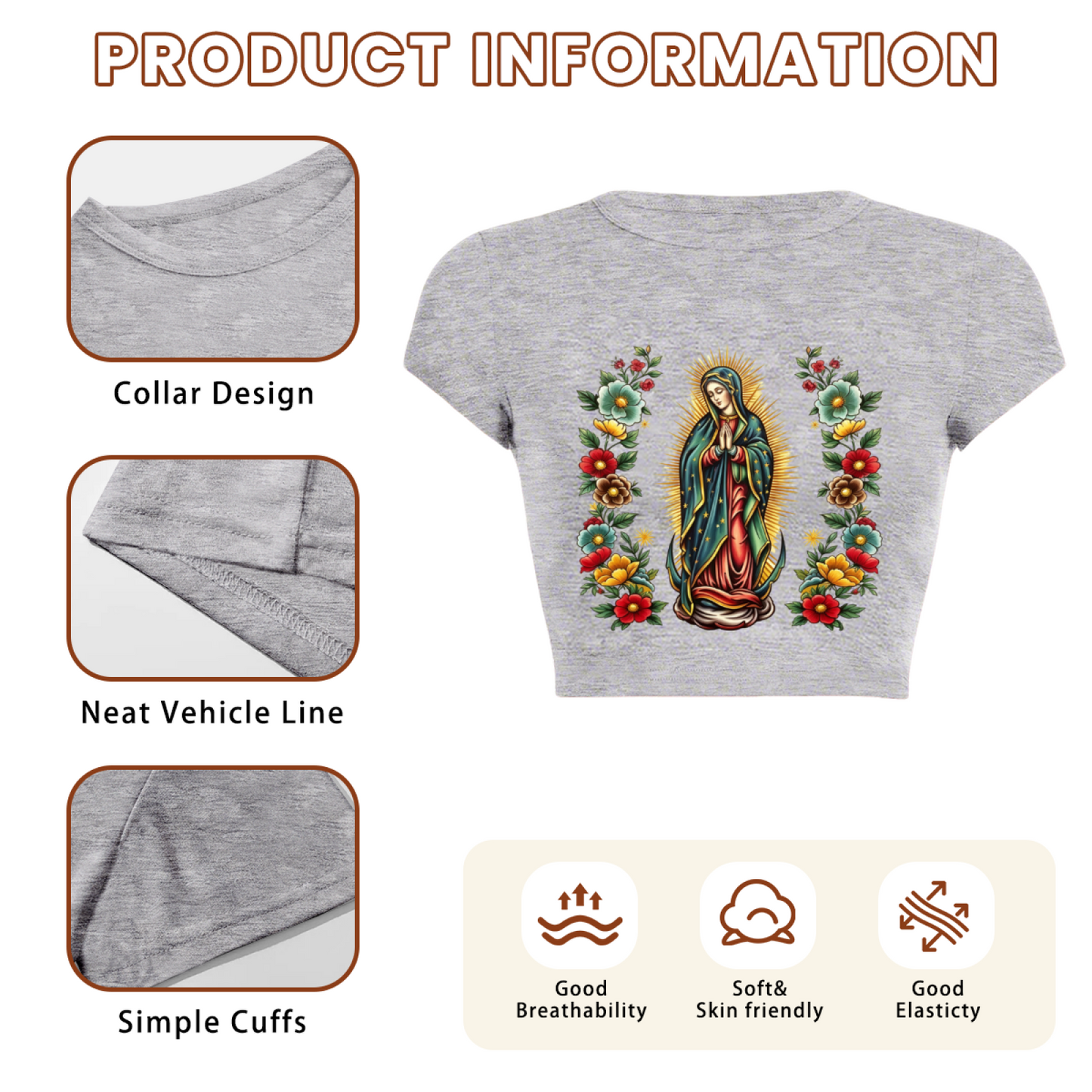 Floral Guadalupe Virgin Mary Vintage Grey Crop Tee ¨C Religious Retro Graphic Top