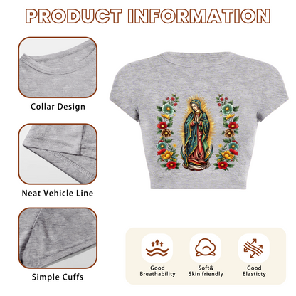 Floral Guadalupe Virgin Mary Vintage Grey Crop Tee ¨C Religious Retro Graphic Top