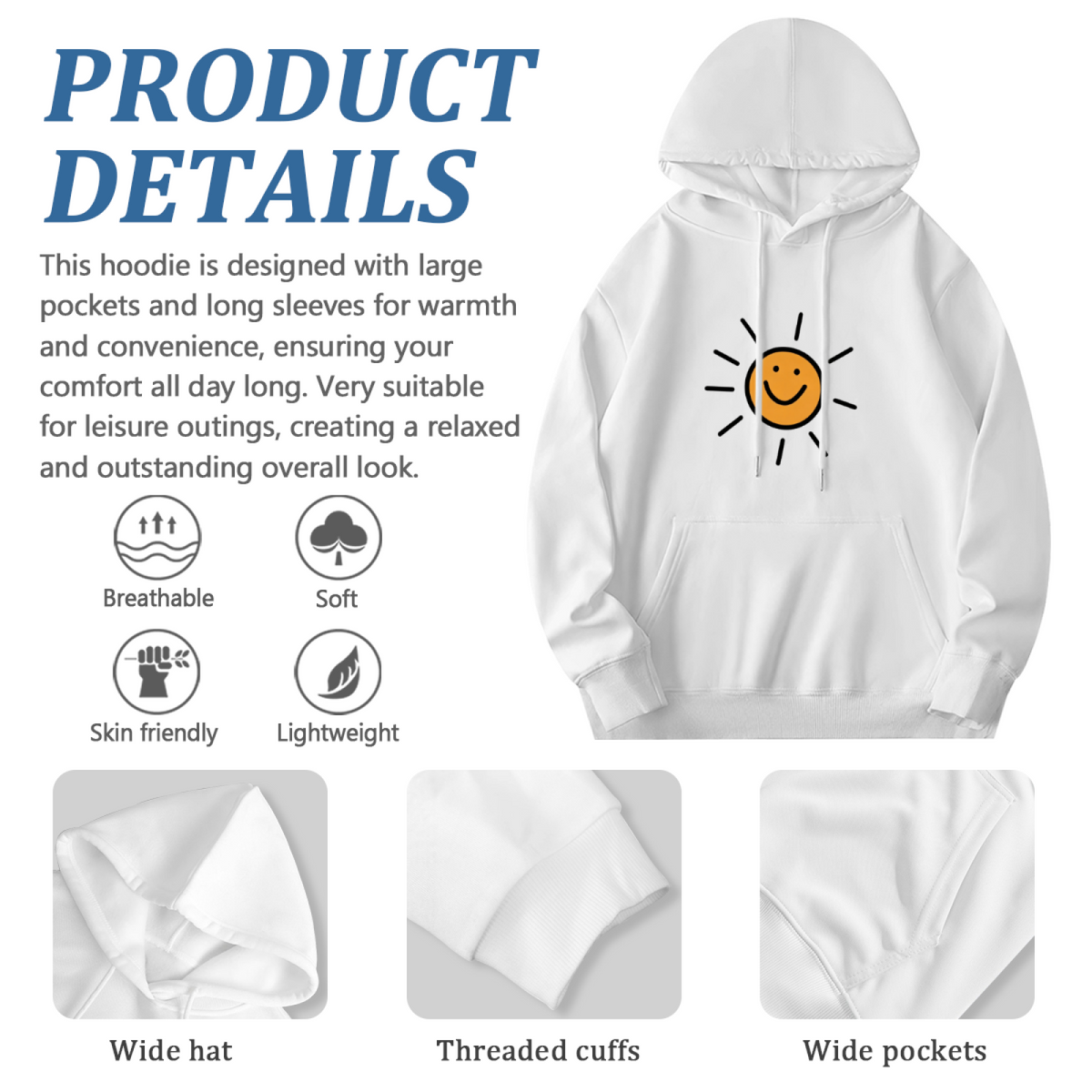 Cheerful Hand?Drawn Sun Smiley Face Casual Hoodie
