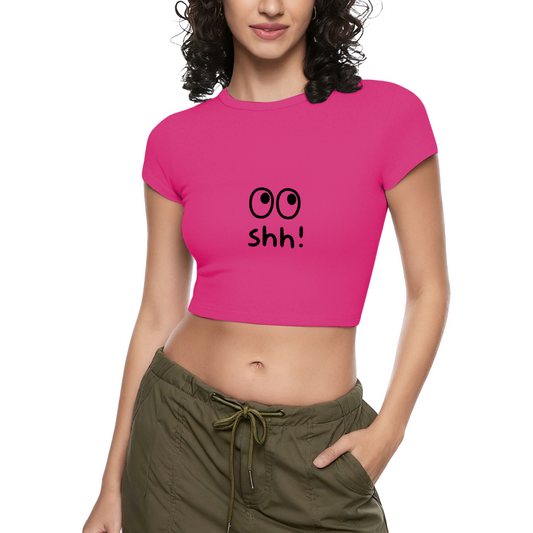 Cute Shh Eyes Y2K Hot Pink Crop Tee ¨C Funny Minimal Quiet Graphic Top