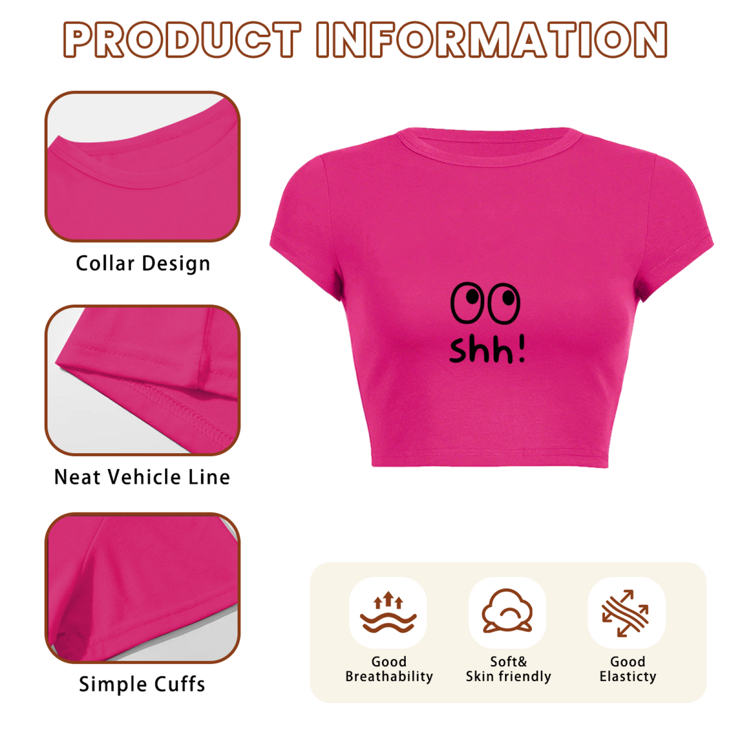 Cute Shh Eyes Y2K Hot Pink Crop Tee ¨C Funny Minimal Quiet Graphic Top