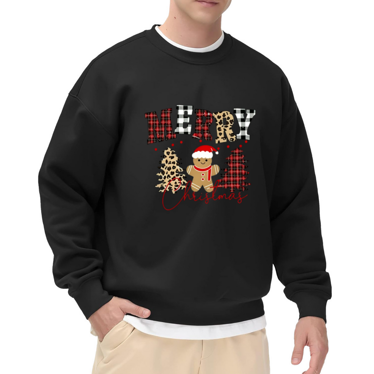 Xmas Plaid Gingerbread Man Gray Layered Crewneck Sweatshirt
