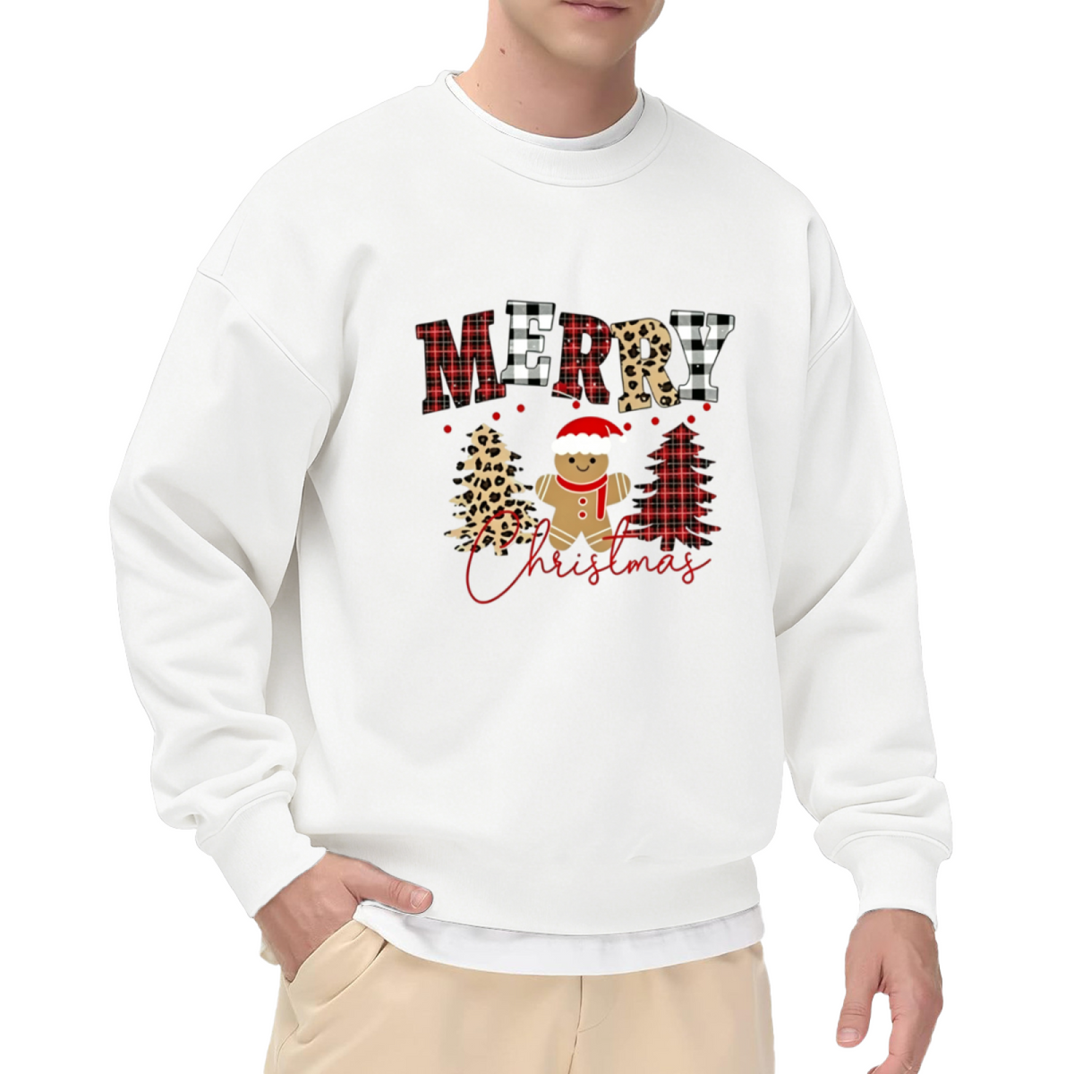 Xmas Plaid Gingerbread Man Gray Layered Crewneck Sweatshirt