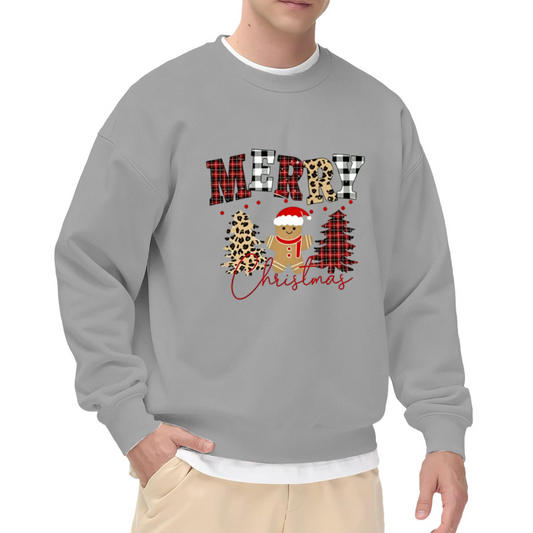 Xmas Plaid Gingerbread Man Gray Layered Crewneck Sweatshirt