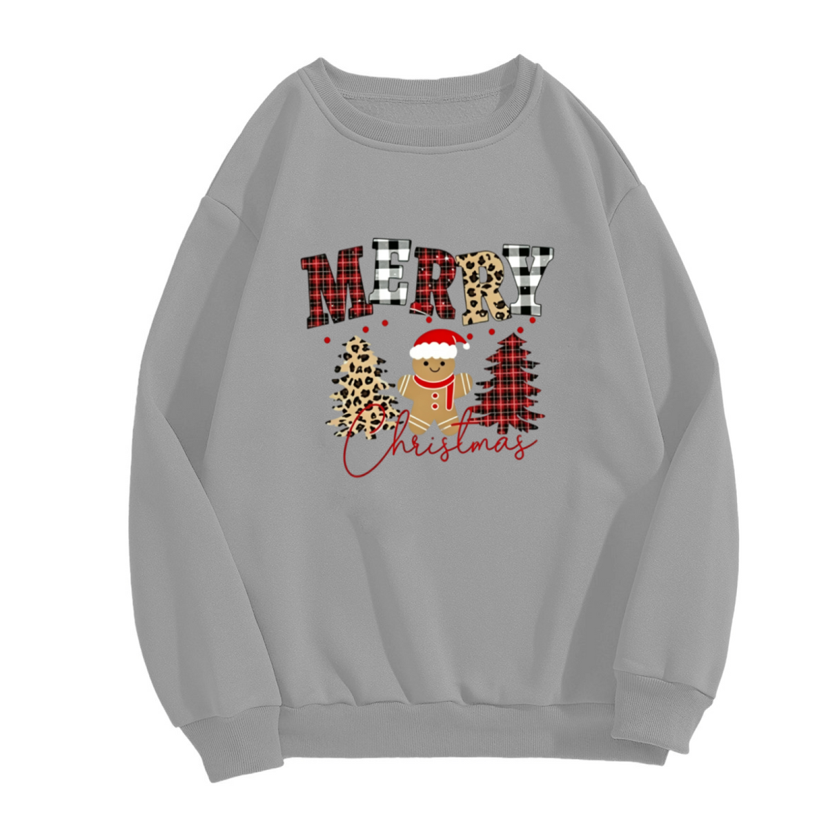Xmas Plaid Gingerbread Man Gray Layered Crewneck Sweatshirt