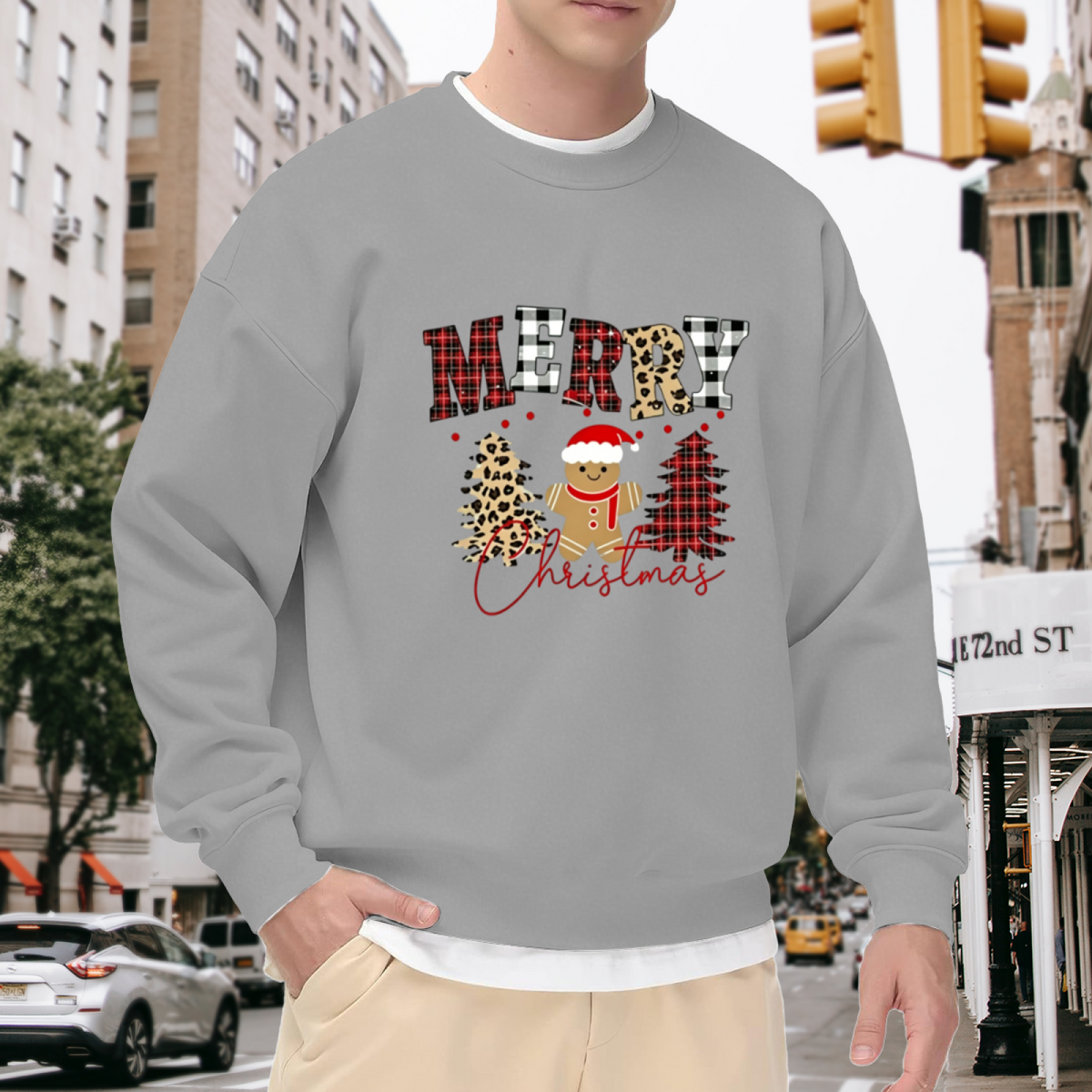 Xmas Plaid Gingerbread Man Gray Layered Crewneck Sweatshirt