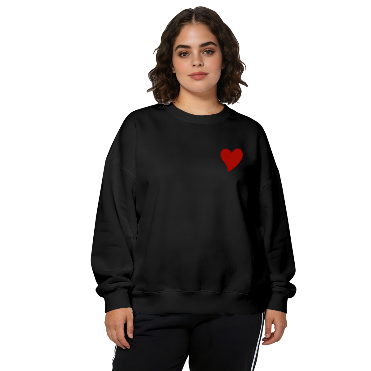 Minimal Small Red Heart Chest Print Crewneck Sweatshirt