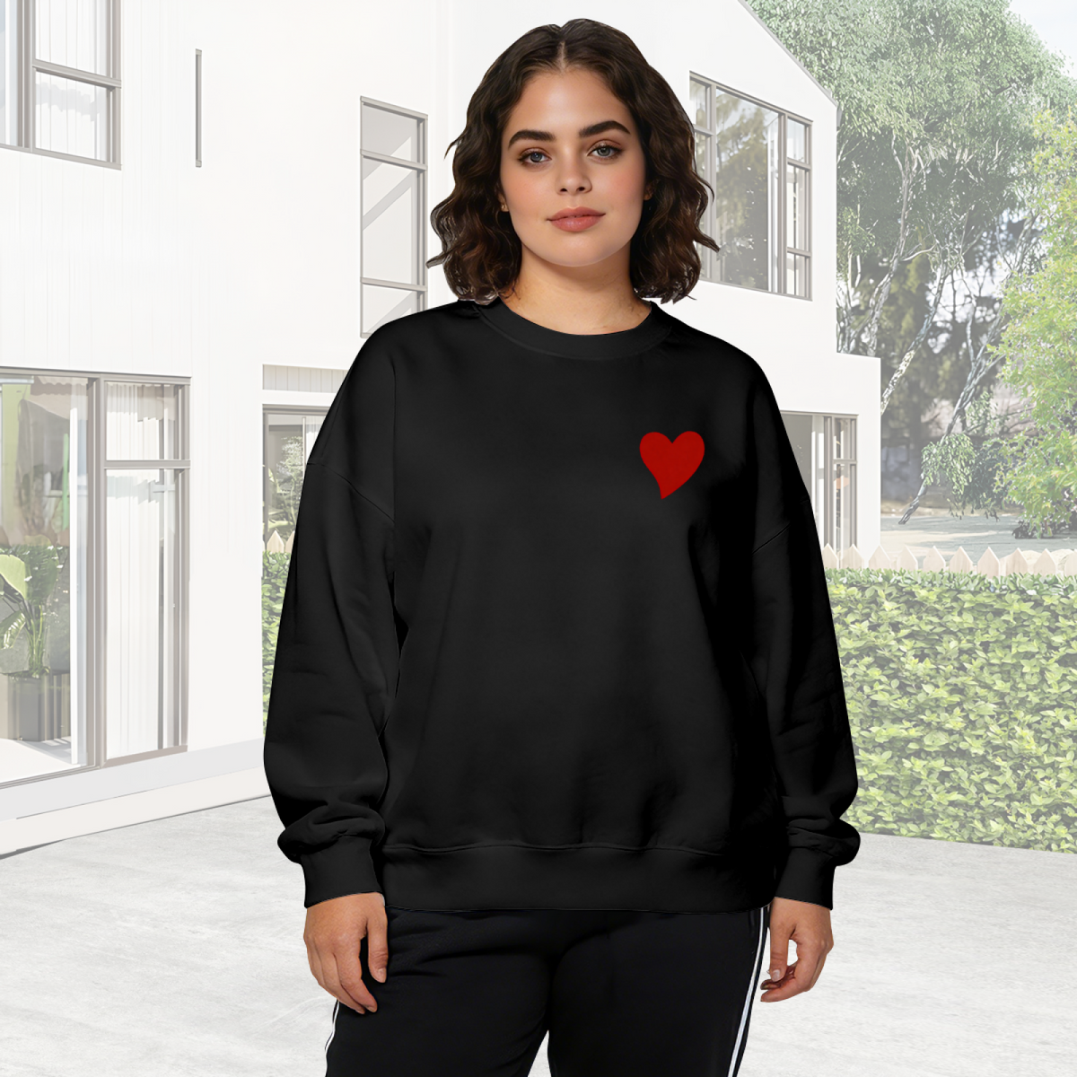 Minimal Small Red Heart Chest Print Crewneck Sweatshirt