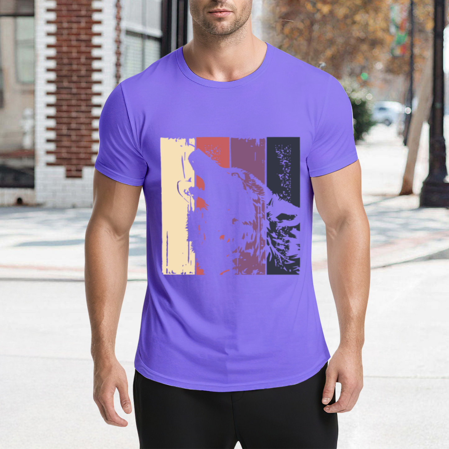 Retro Vintage Howling Wolf Color Block T-Shirt