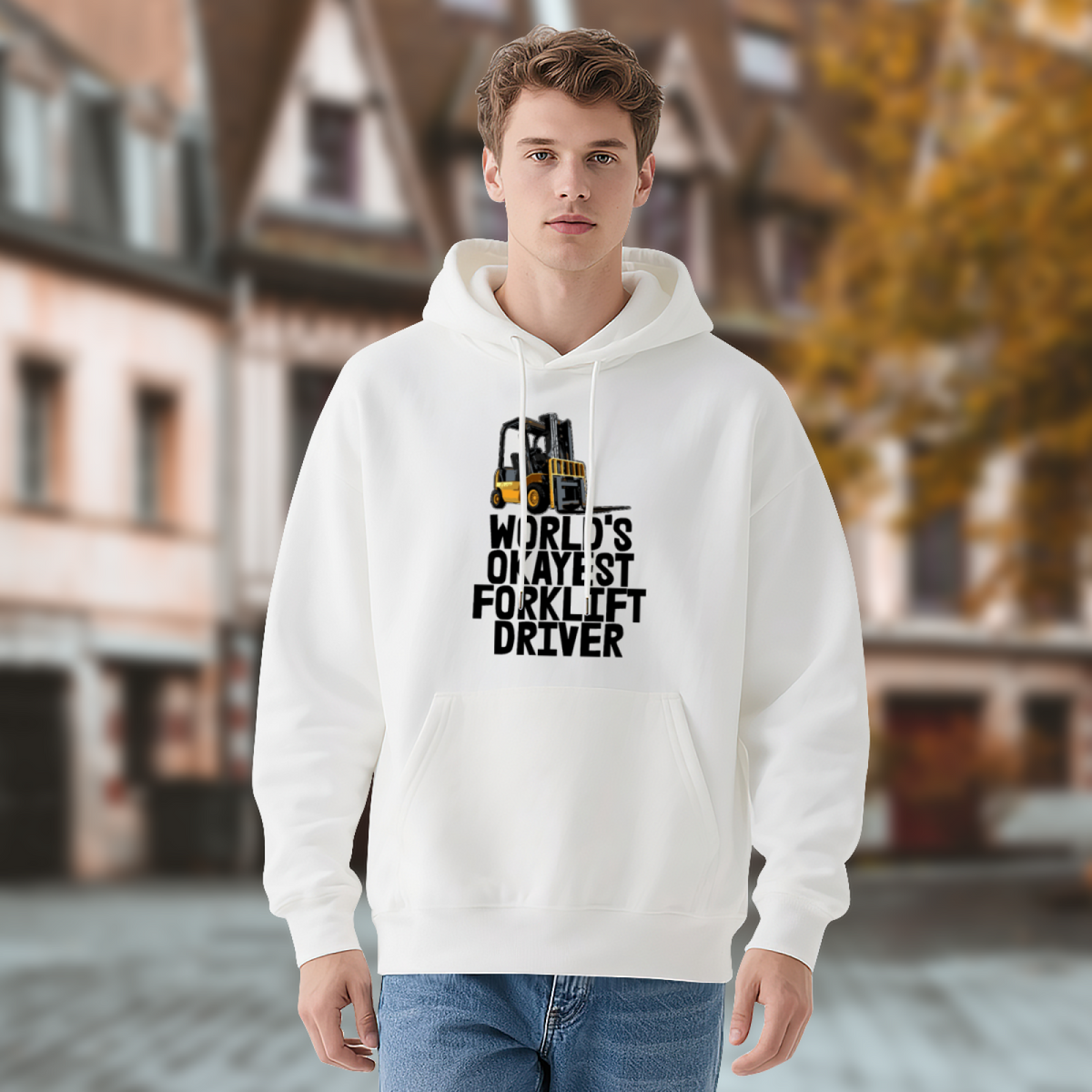 World¡¯s Okayest Forklift Driver Graphic White Hoodie, Soft Warehouse Worker Hoodie For Men