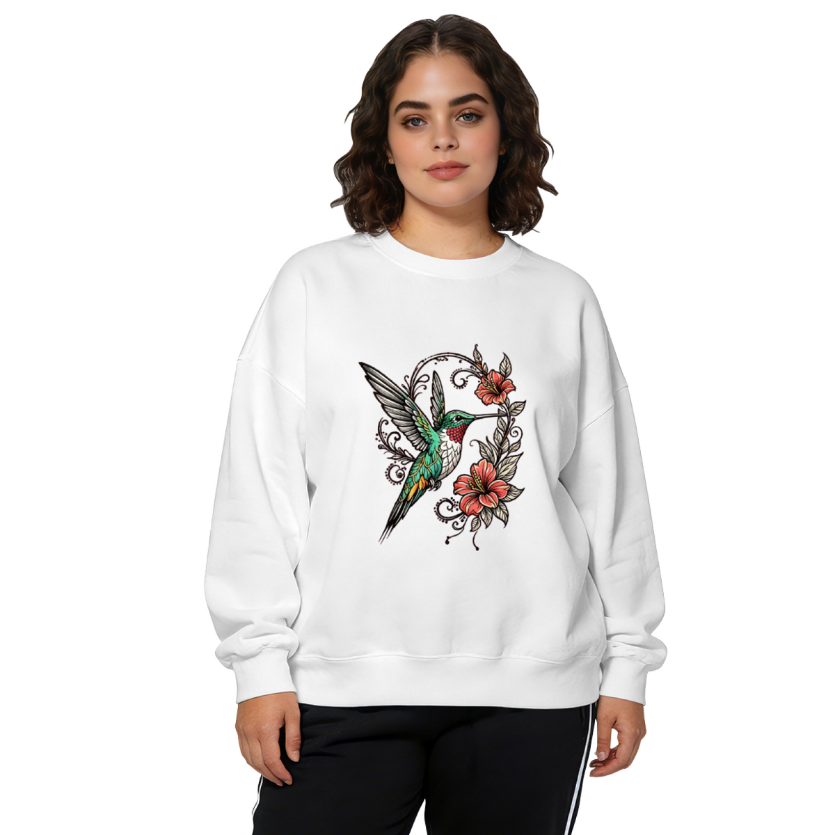 Vintage Tattoo?Style Hummingbird & Floral Crewneck Sweatshirt