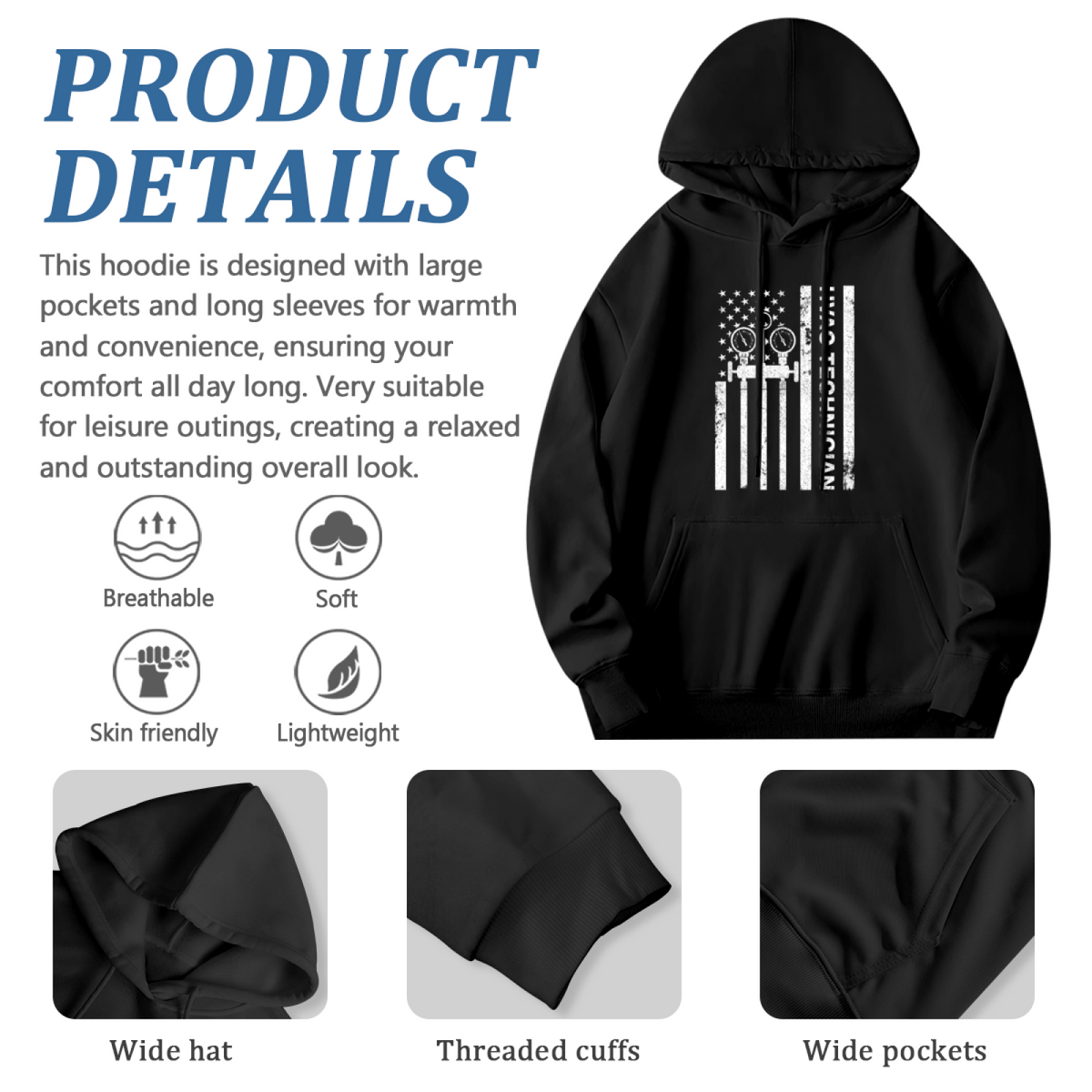 Vintage HVAC Tech Flag Black Hoodie, Men Worker Tough Comfort Sweatshirt