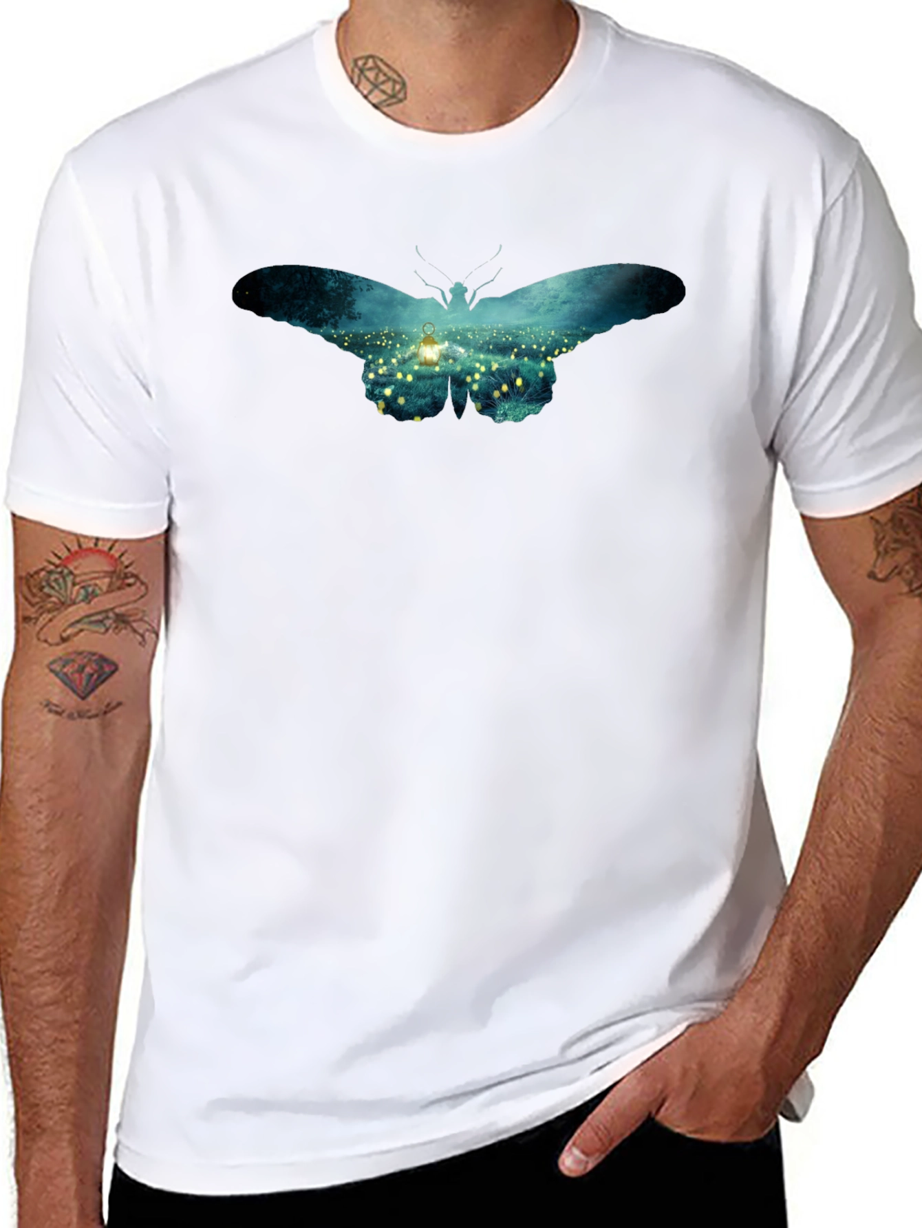 Butterfly Lantern Print Black T-Shirt